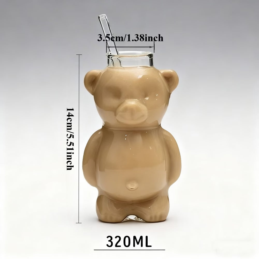 Cute Bear Glass Cup with Glass Straw