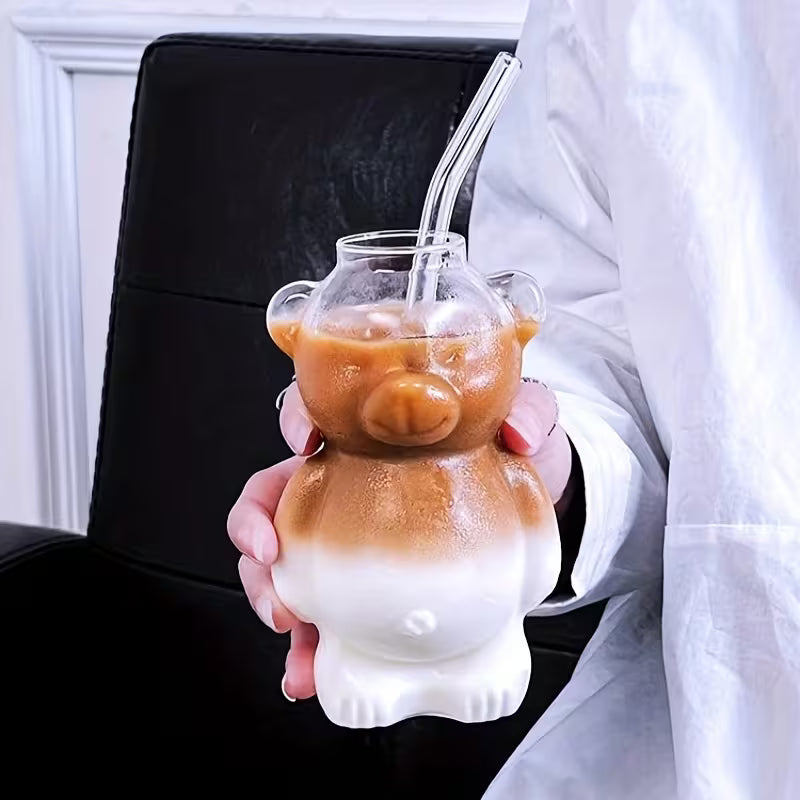 Cute Bear Glass Cup with Glass Straw