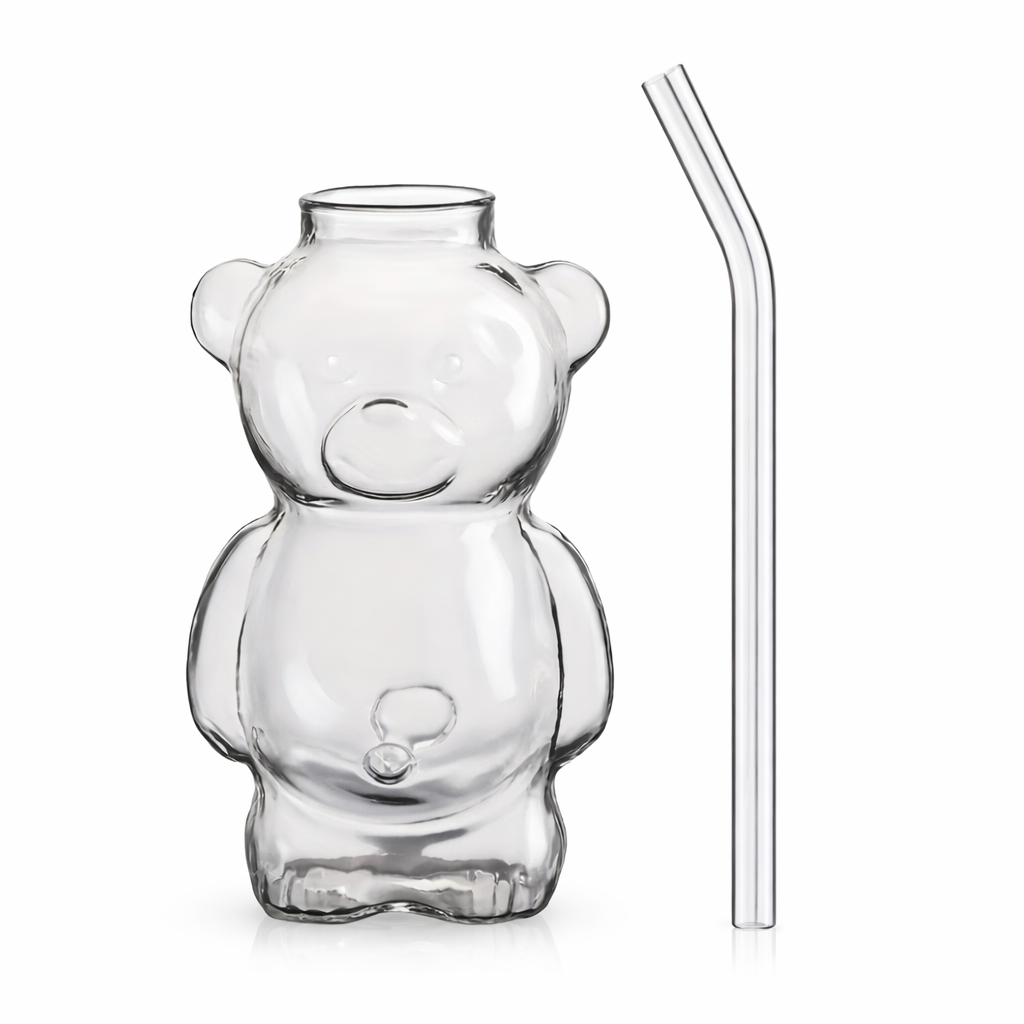 Cute Bear Glass Cup with Glass Straw